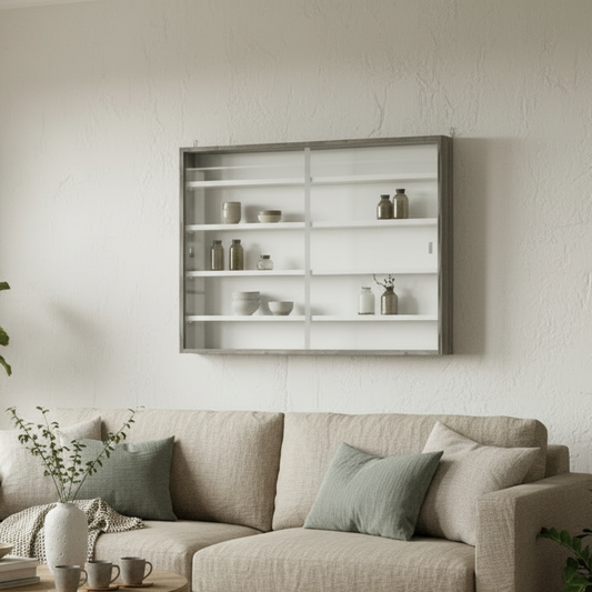 Kasofa Wood And Glass Grey Wood Grain 5 Tier Wall Display Cabinet With Adjustable Shelves 60 x 80 cm