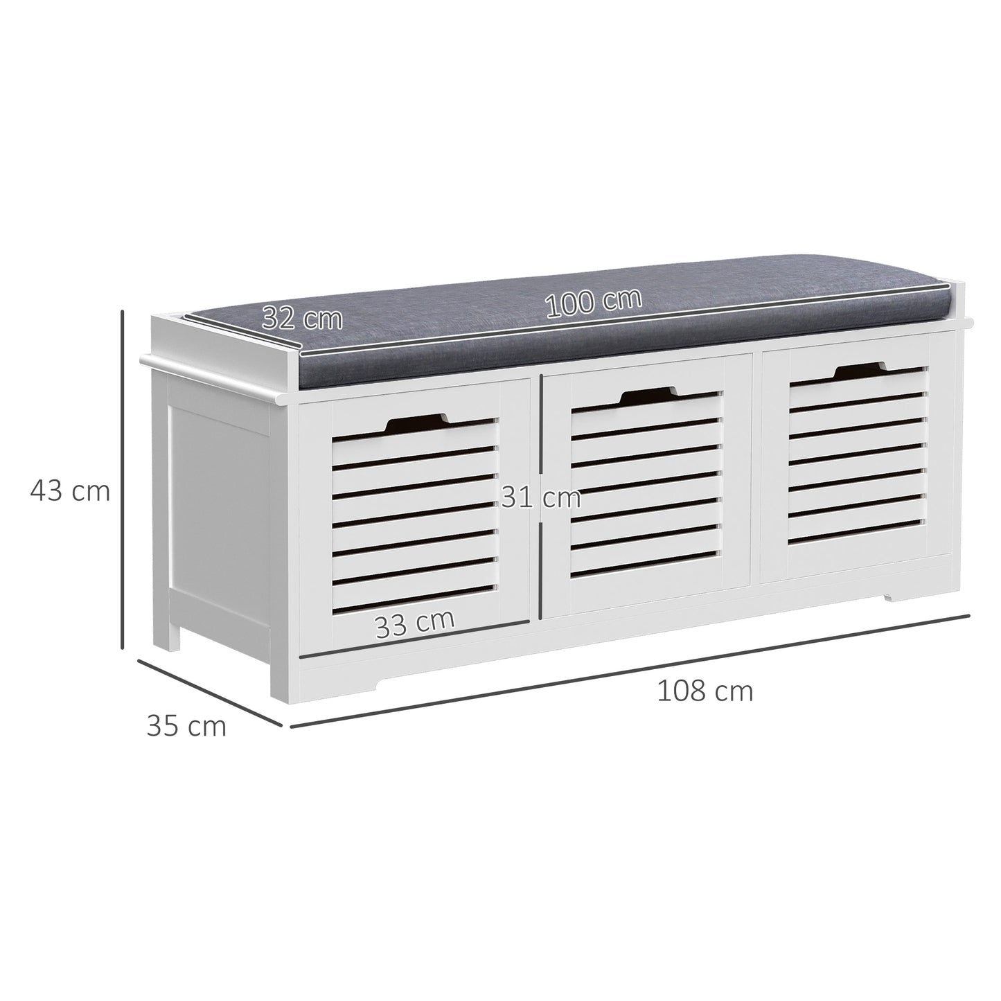 Vesava Wooden White 3 Drawer Slatted Shoe Storage Bench with Grey Padded Seat