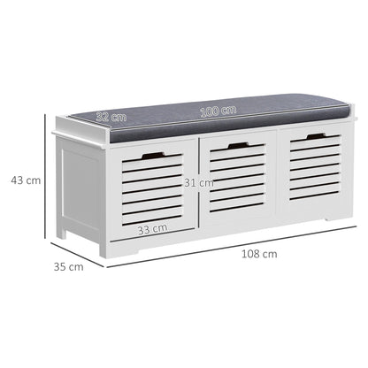 Vesava Wooden White 3 Drawer Slatted Shoe Storage Bench with Grey Padded Seat