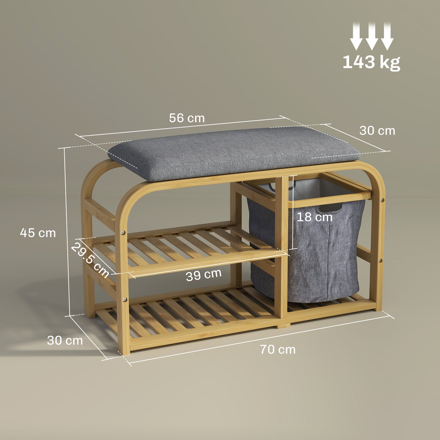 Mira Bamboo Natural Shoe Bench With Grey Padded Seat
