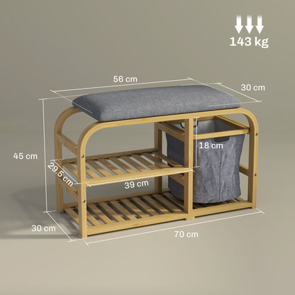 Mira Bamboo Natural Shoe Bench With Grey Padded Seat