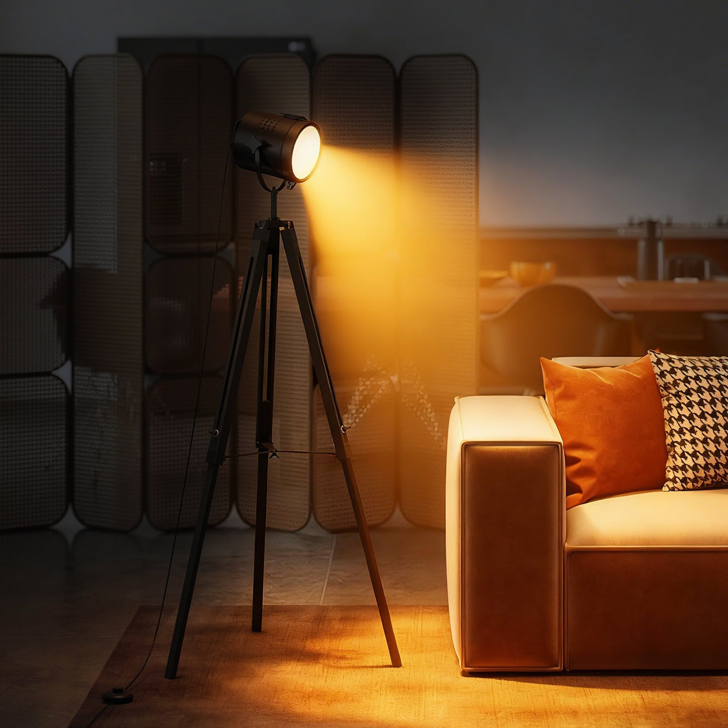 Suta Wood And Metal Black Tripod Searchlight Floor Lamp Adjustable Head