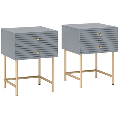 Lika Set Of 2 Grey And Gold Elegant Bedside Tables Ribbed Drawers