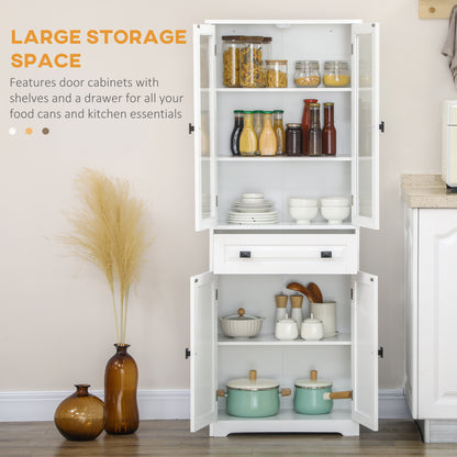 Cotase 160cm Wooden White Kitchen Cupboard With Adjustable Shelves Drawer And Glass Door
