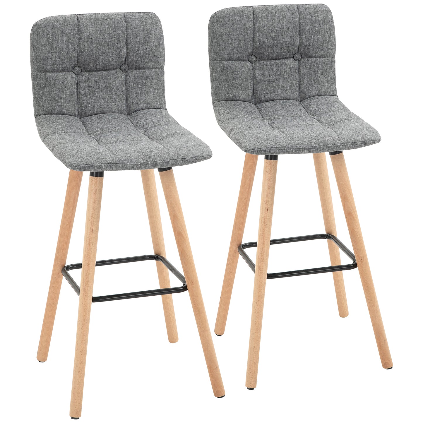 Surmi Set Of 2 Fabric Grey Button Tufted Counter H8 Bar Chairs With Wood Legs