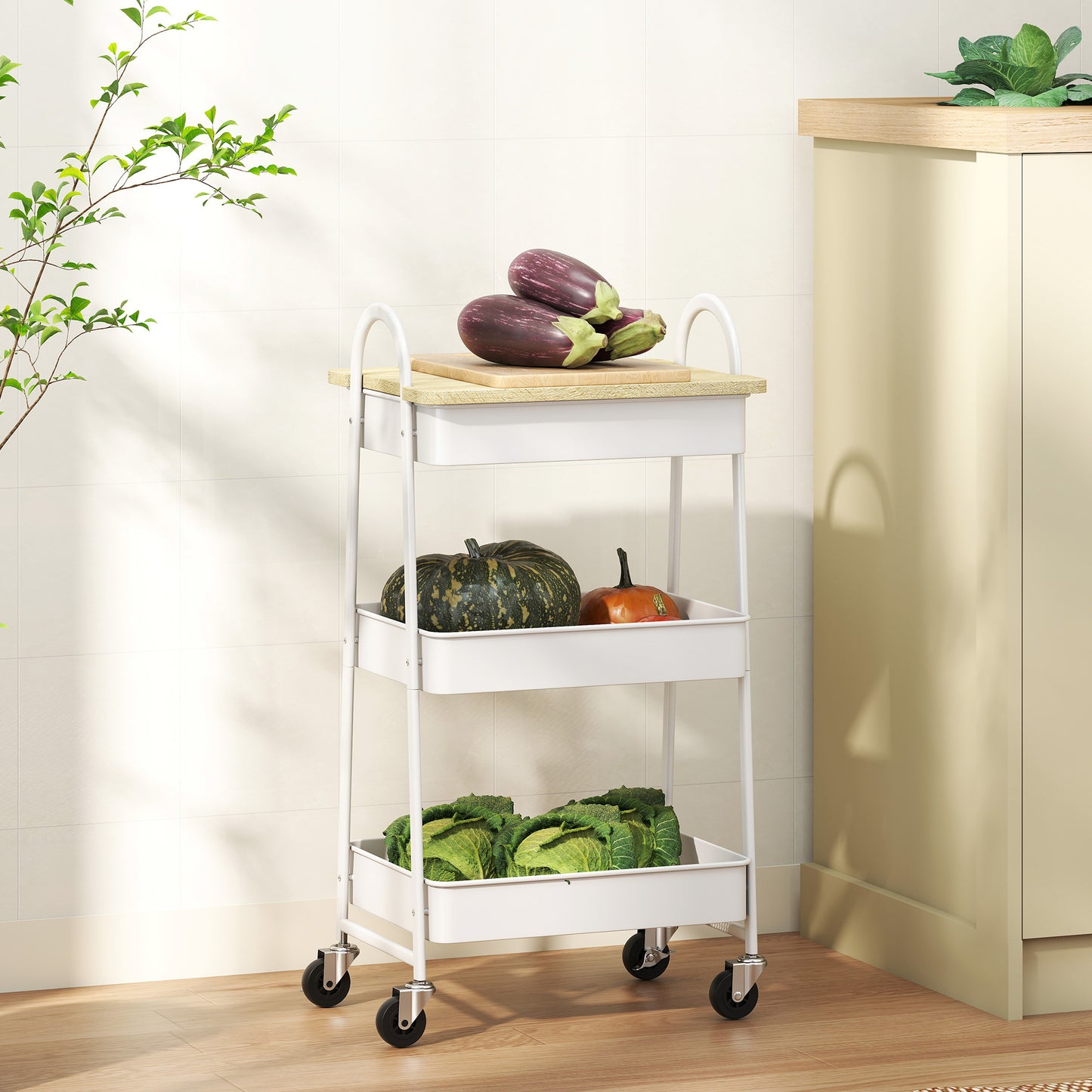 Satoro Wooden White And Oak 3 Tier Kitchen Trolley With Covered Top