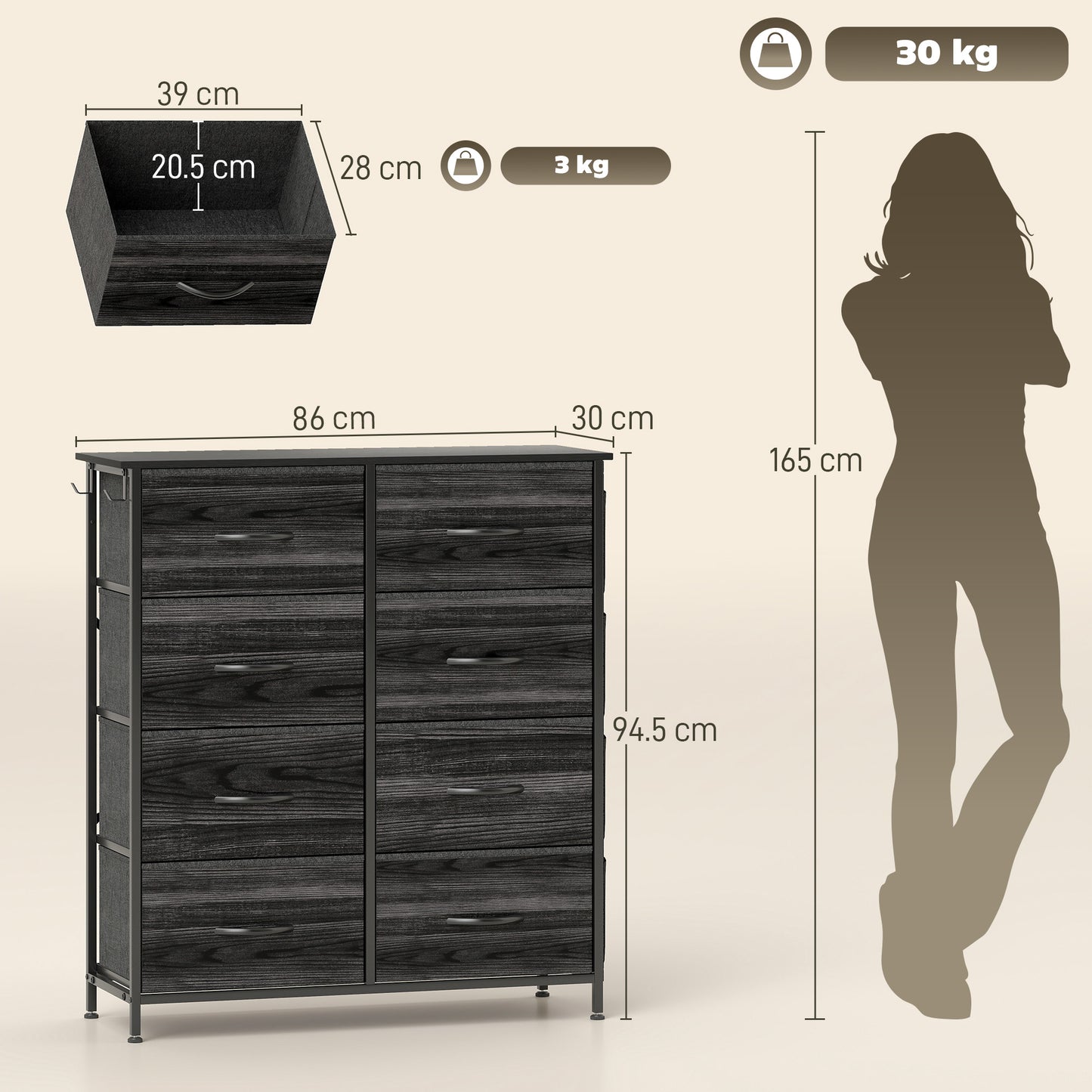 Elzi Fabric And Metal Black 8 Drawer Storage Chest