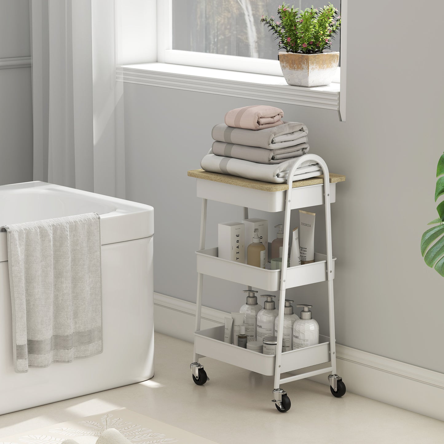 Satoro Wooden White And Oak 3 Tier Kitchen Trolley With Covered Top