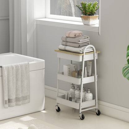 Satoro Wooden White And Oak 3 Tier Kitchen Trolley With Covered Top