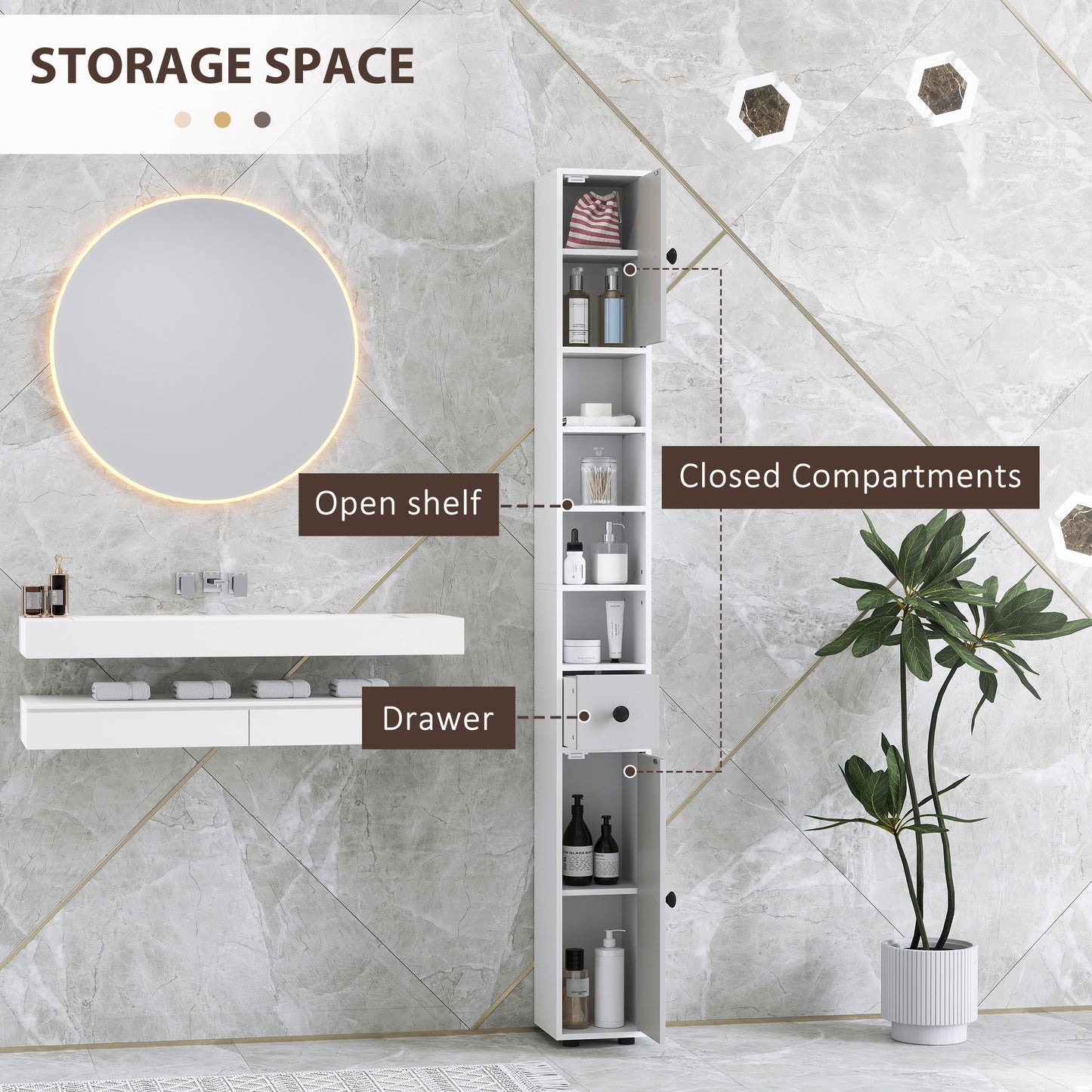 Pabaha Tall Slim Bathroom Storage Cabinet With Drawers Shelves And Cupboards Light Grey