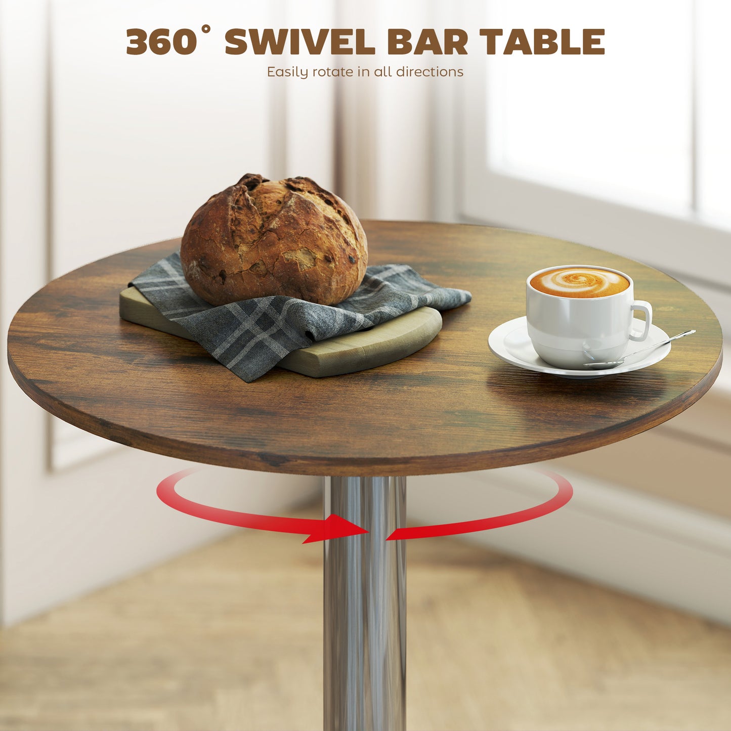 Redone Rustic Brown Adjustable Swivel Round Bar Table With Steel Base