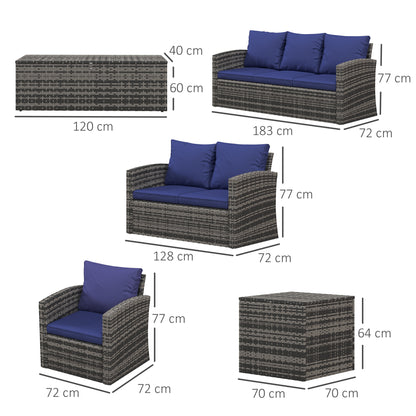 Resuno Grey Rattan Navy Blue 7 Seater Outdoor Sofa Set With Storage Tables
