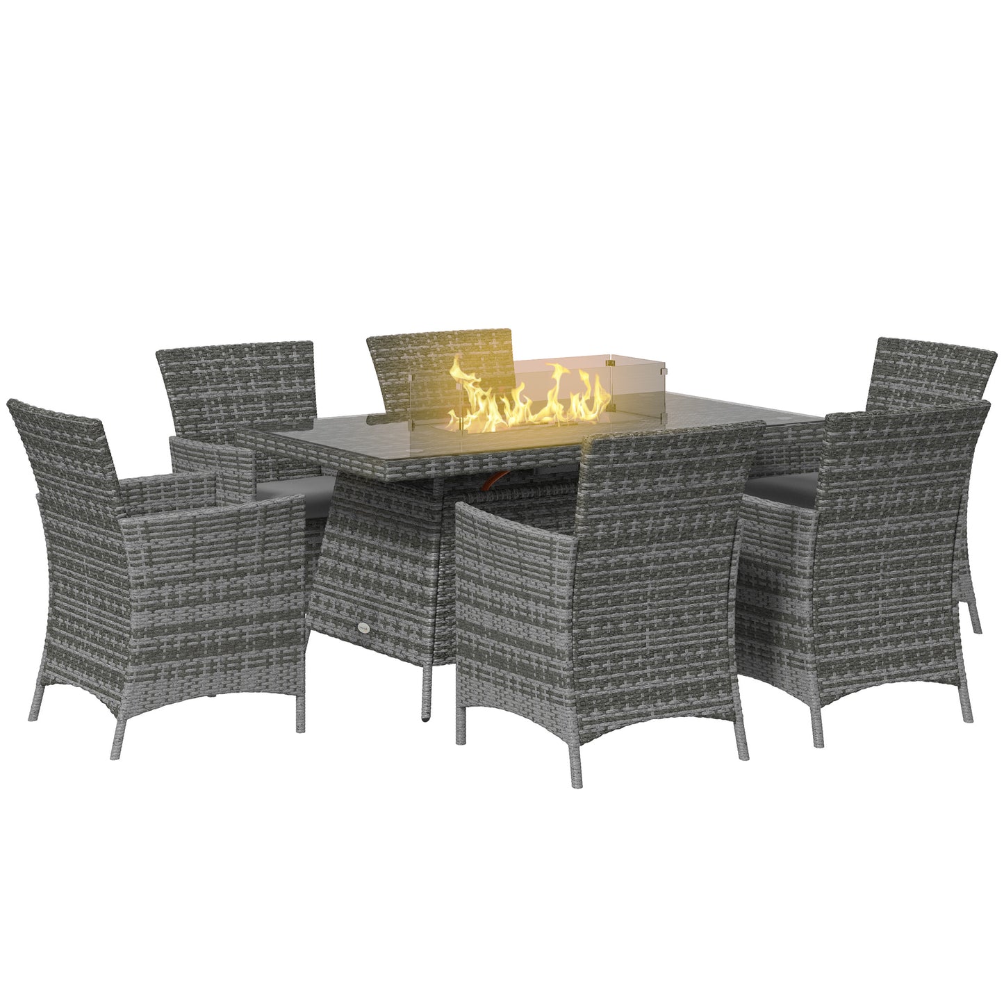 Ravezi Rattan Grey 6 Seater Garden Dining Set With Fire Pit Table Glass