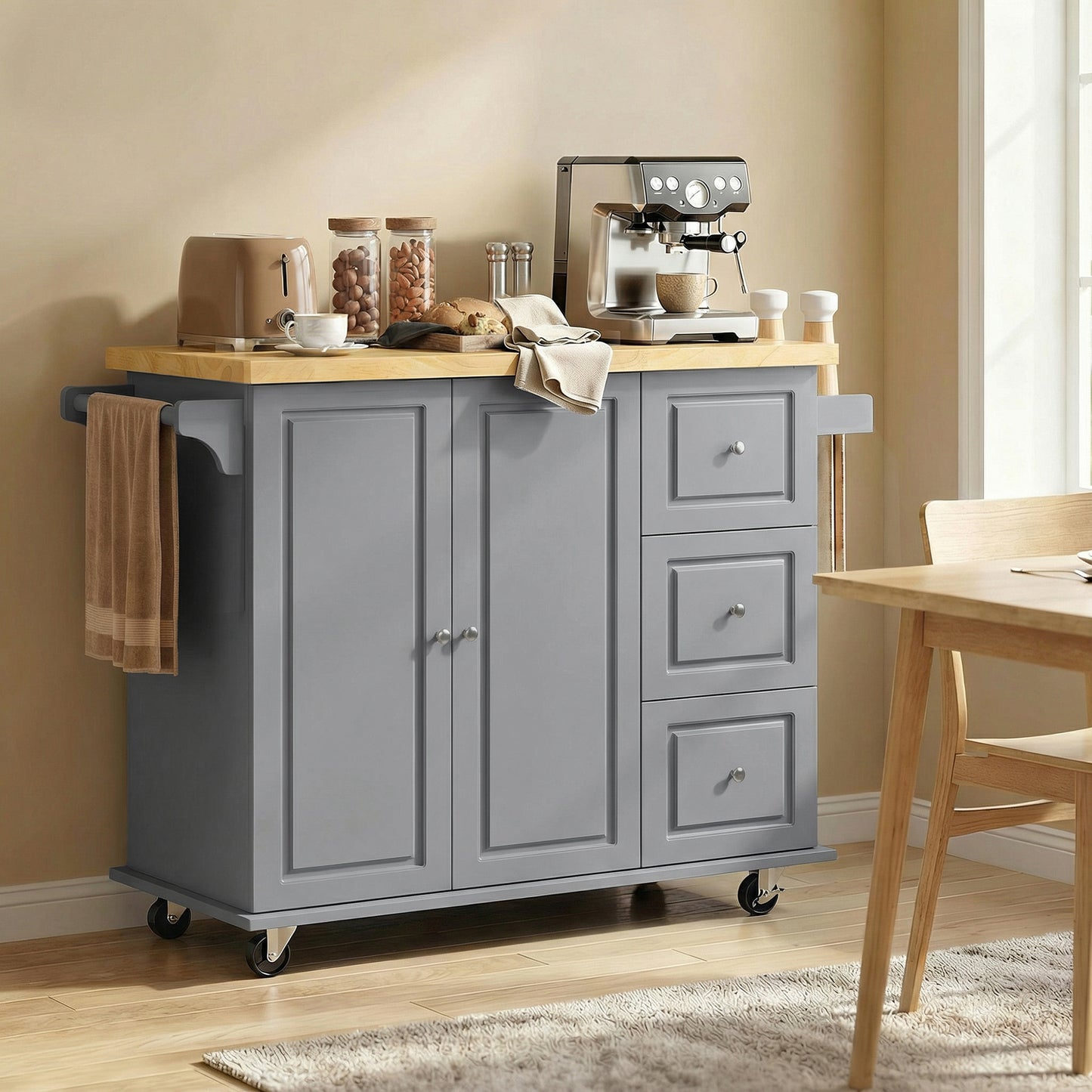 Norado Grey and Natural Wooden Rolling Kitchen Island With Drop Leaf Drawer Towel And Spice Racks