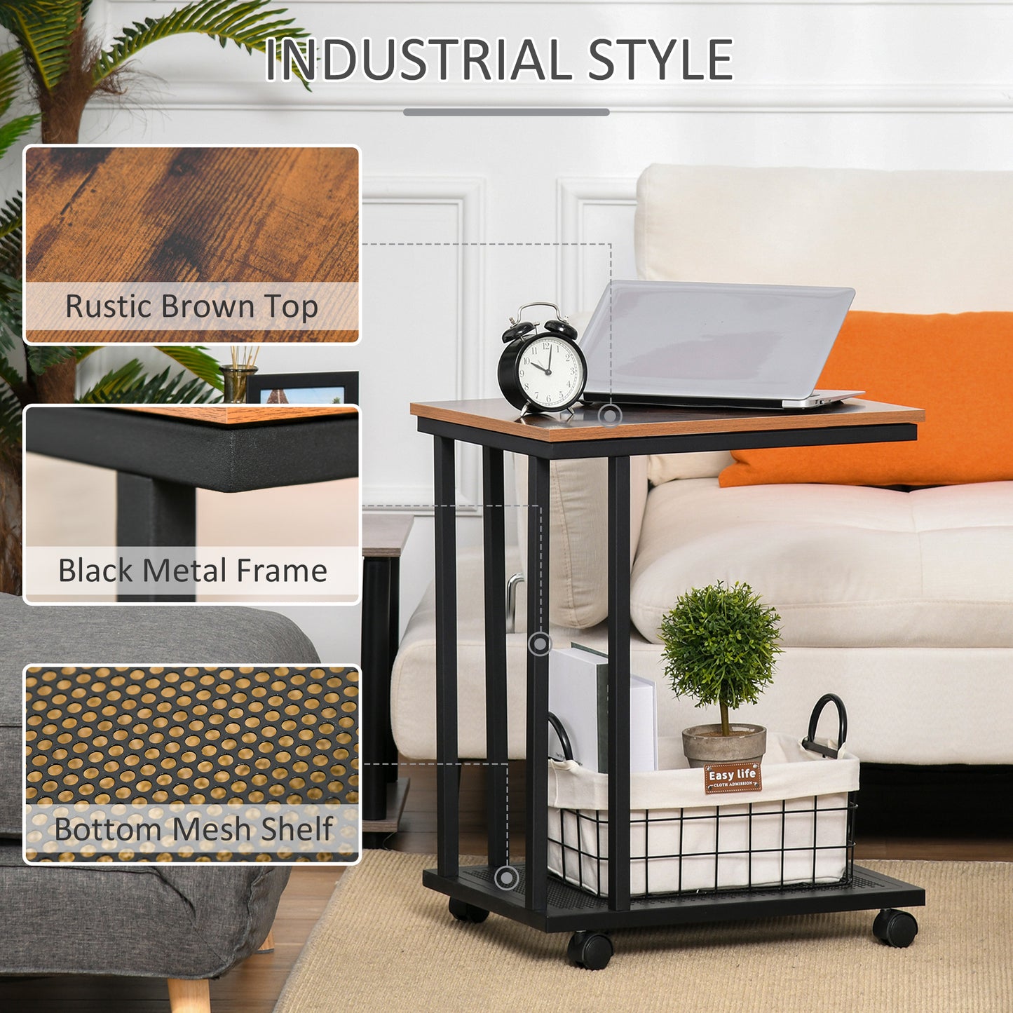 Fane  Set Of 2 Metal And Wooden Rustic Brown Mobile Side Tables With Shelf C Shaped