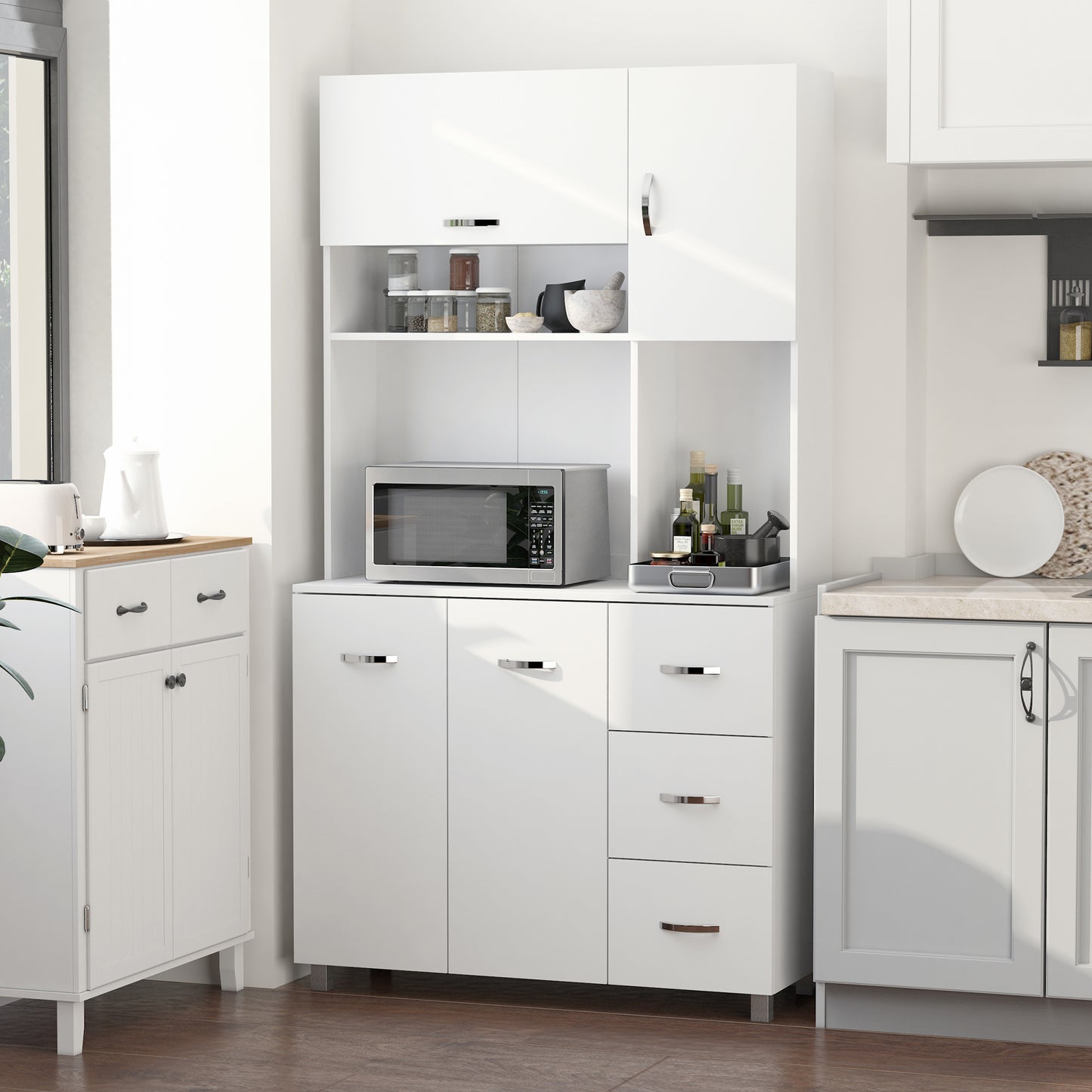 Vivivi Hapa Wooden White Tall Kitchen Sideboard With Drawers Flip Door Cupboards And OFauxn Shelves