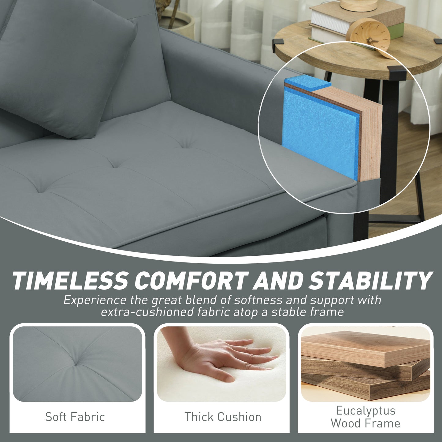 Senosa Grey Upholstered 3 Seater Convertible Sofa Bed Tufted