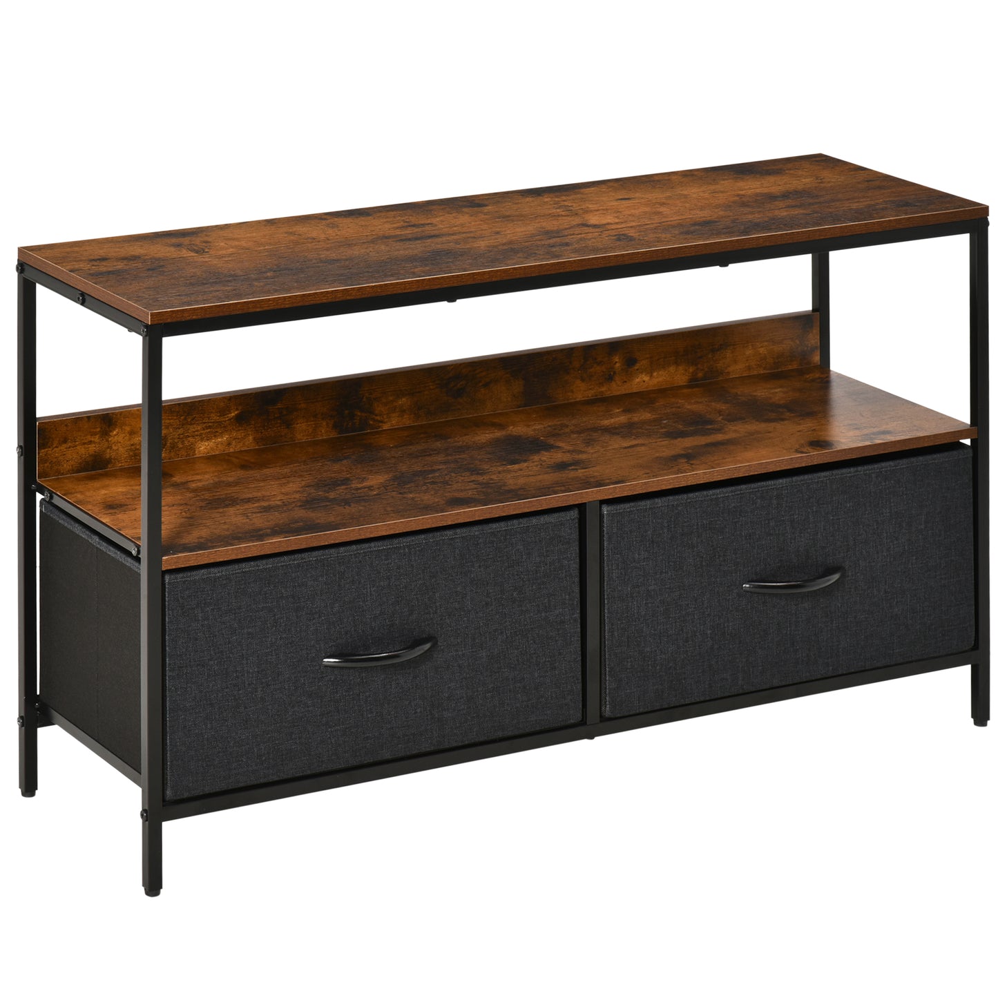 Lelo 98cm Wooden Rustic Brown TV Stand With 2 Fabric Fold Down Storage Drawers