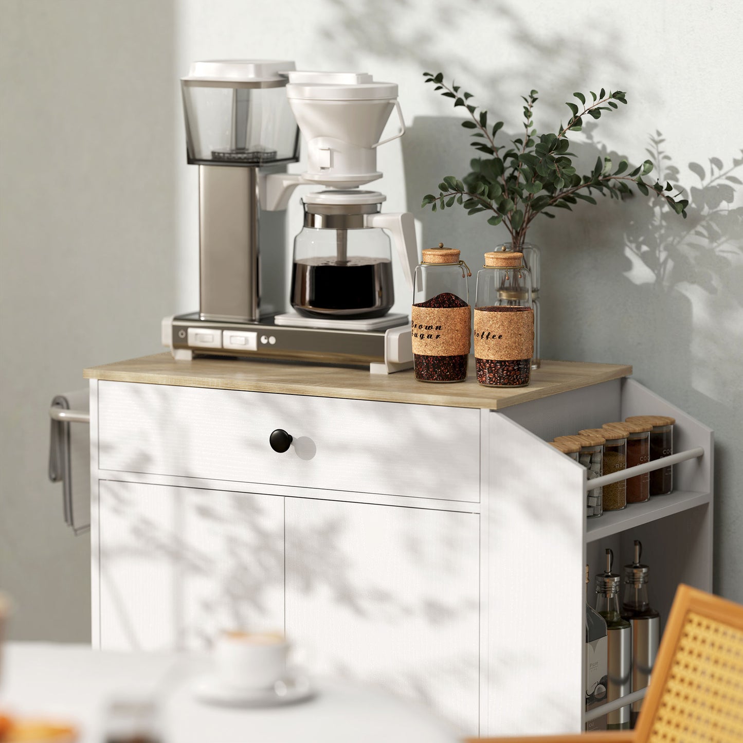 Semi Wooden White Rolling Kitchen Island With Drawer 3 Tier Spice Rack And Towel Rail