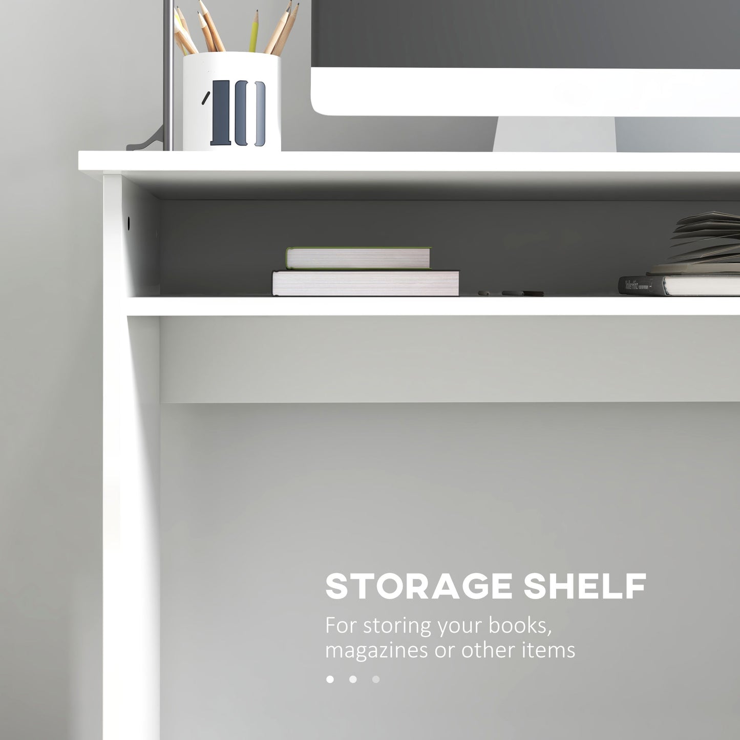 Selu 90cm High Gloss White Compact Study Desk With Storage Shelf