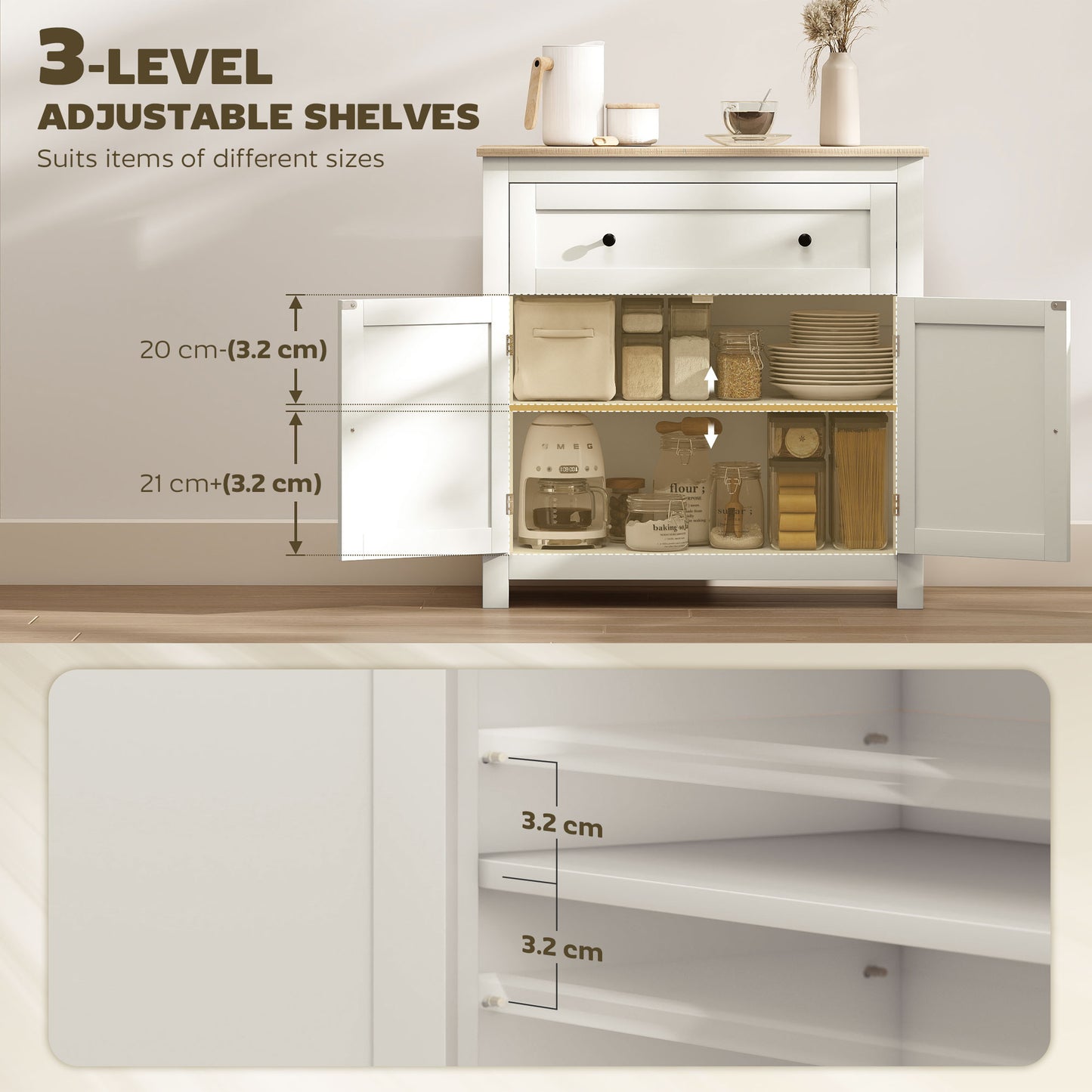 Viso Wooden Cream White Modern Sideboard With Drawers Adjustable Shelves And Double Doors