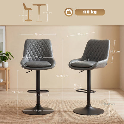 Lokasa Fabric Dark Grey Adjustable Retro Bar Stools Set Of 2 With Swivel Seats