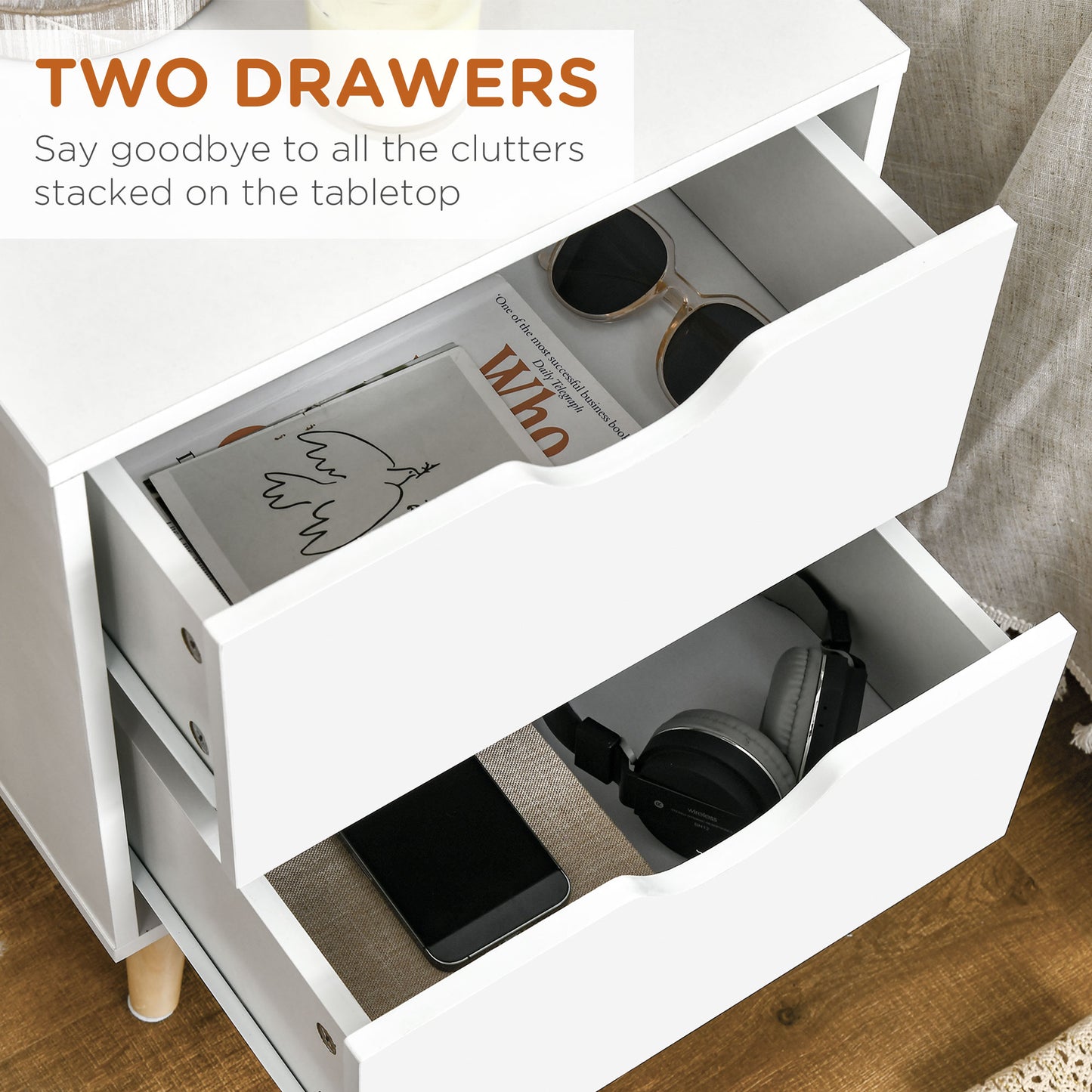 Dodomi Suke White Bedside Table With 2 Drawers And Natural Wood Legs
