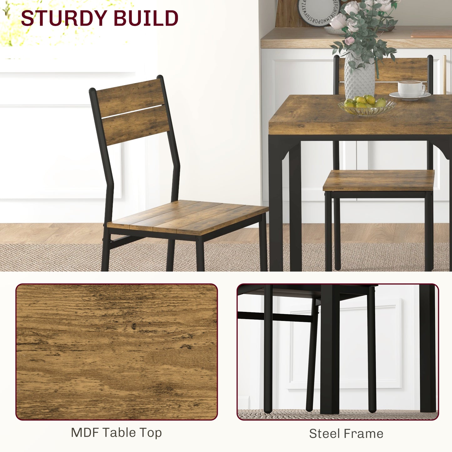 Lulila Wooden Rustic Brown 3 Piece Minimal Dining Table And Chair Set