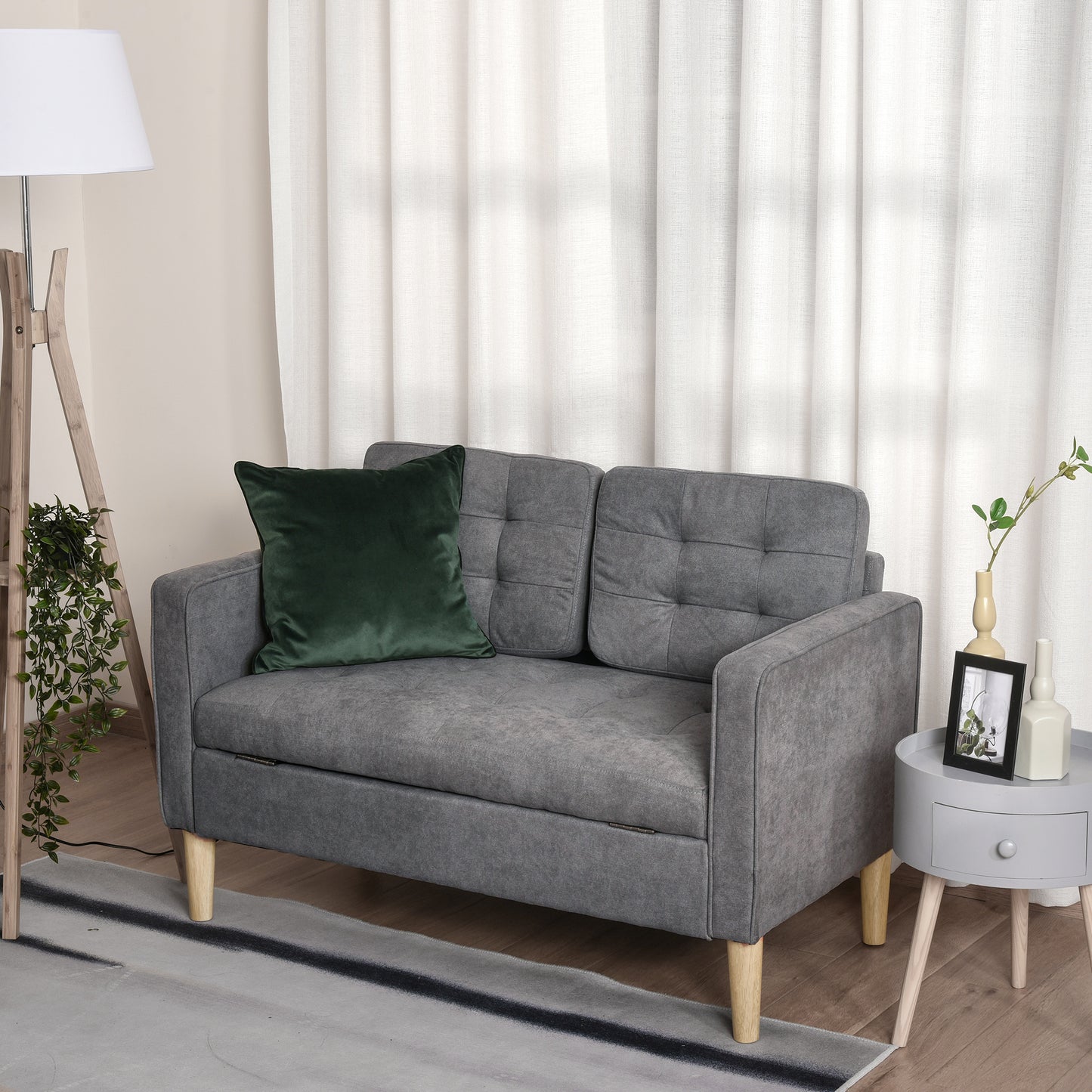 Labasu Fabric Grey 2 Seater Sofa With Hidden Storage Tufted Seat And Wooden Legs