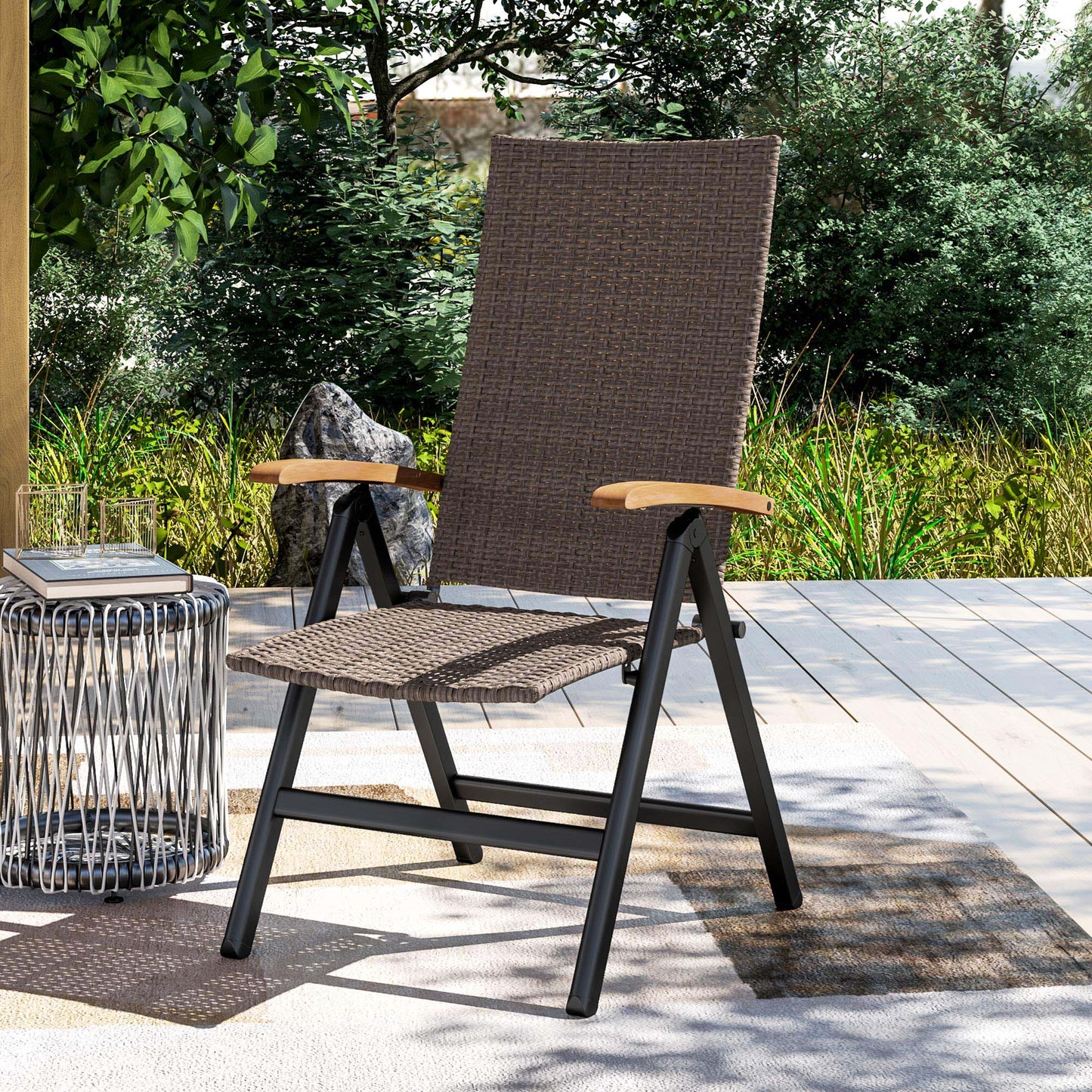 Halino Rattan Brown Folding Garden Dining Chair With 5 Position Reclining Back And Wooden Armrests
