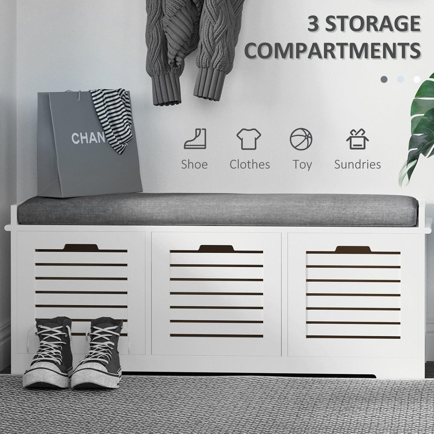 Vesava Wooden White 3 Drawer Slatted Shoe Storage Bench with Grey Padded Seat