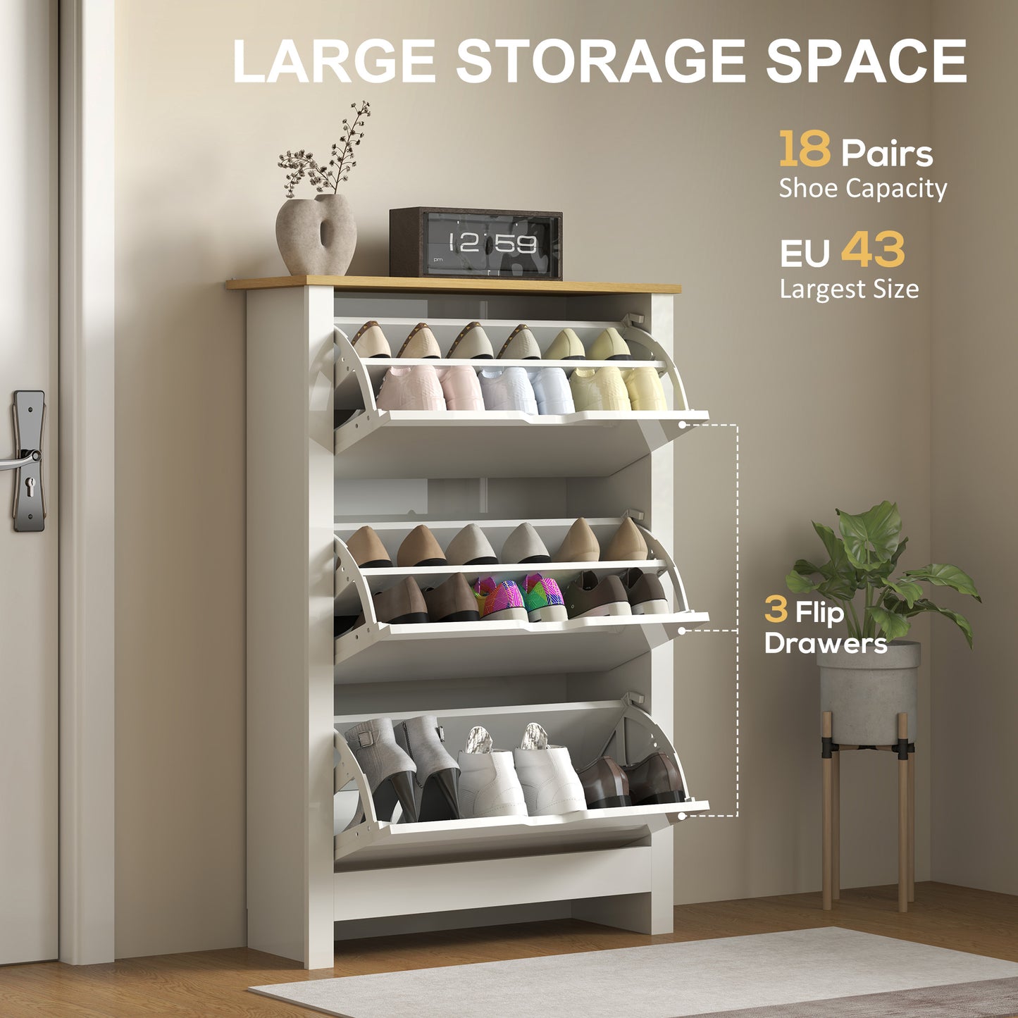 Dorane Lake High Gloss White Slim Shoe Cabinet With 3 Flip Drawers