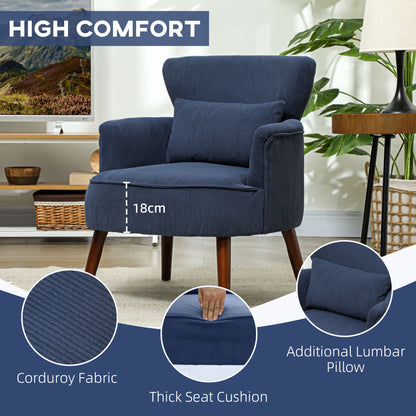 Kesu Blue Corduroy Retro Style Accent Chair Dark Wooden Angled Legs