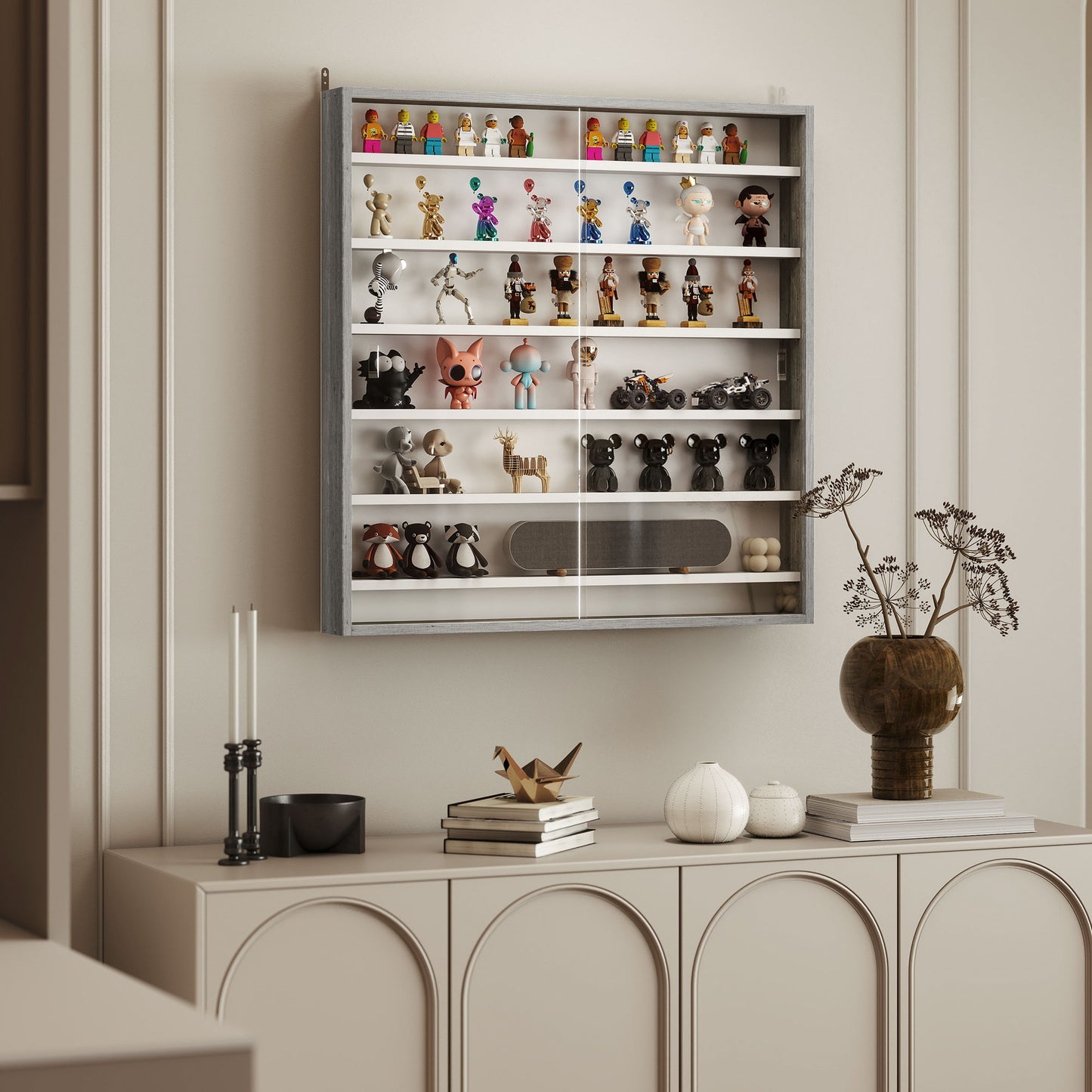 Finivi Wood And Glass Graphite Wood Effect 6 Tier Display Cabinet With Glass Doors