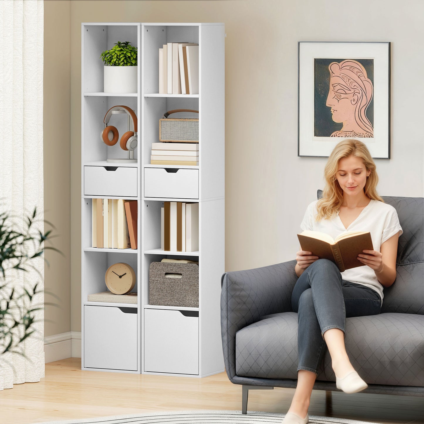 Kesura Wooden White Tall Narrow 6 Tier Bookcase With Drawer And Door