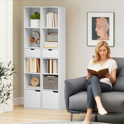 Kesura Wooden White Tall Narrow 6 Tier Bookcase With Drawer And Door