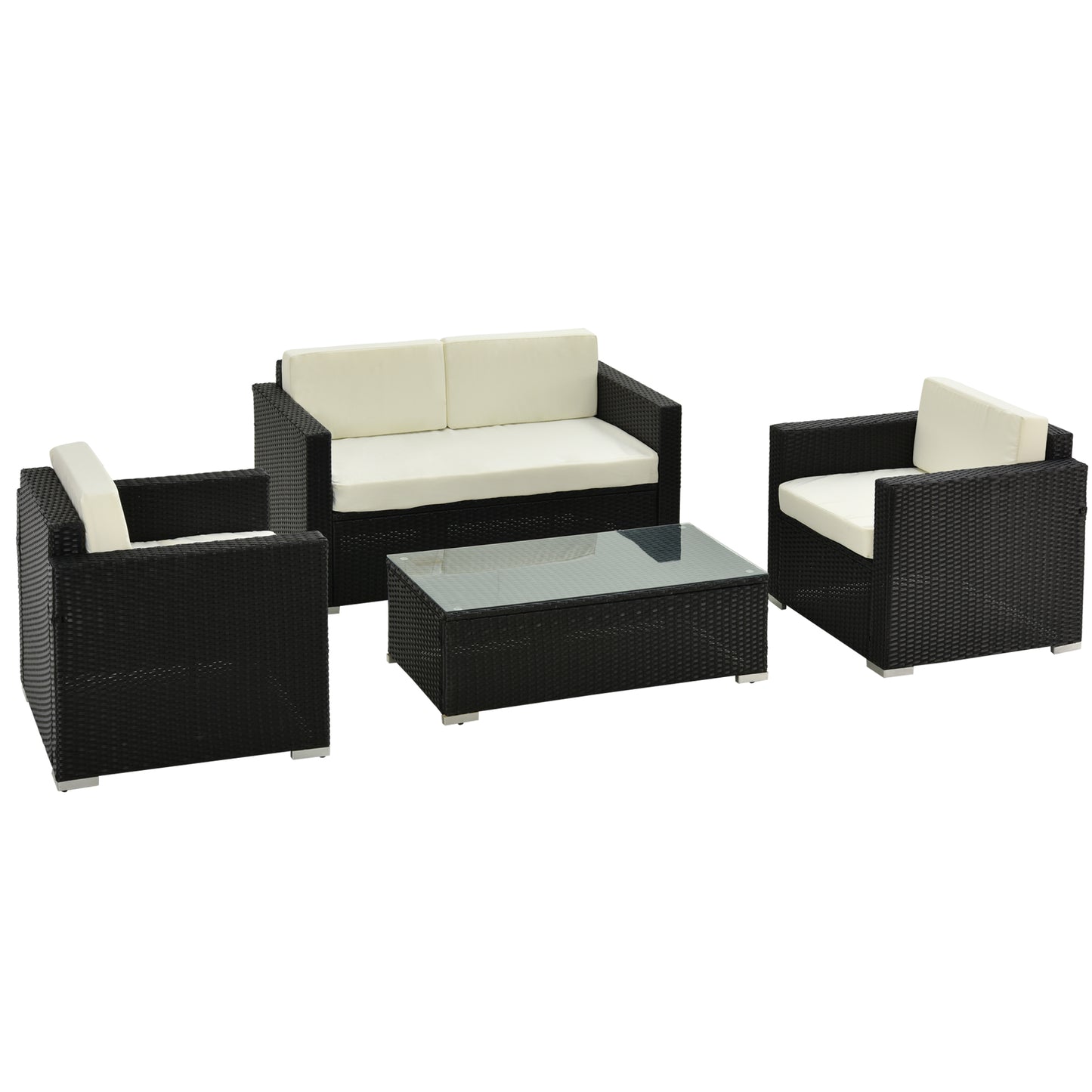 Elrolo Rattan Black 4 Seater Outdoor Sofa Set With White Cushions and Rectangular Coffee Table Glass Top