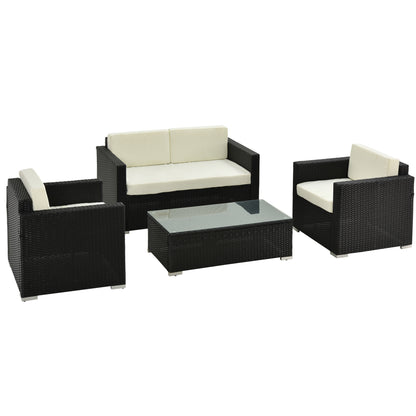 Elrolo Rattan Black 4 Seater Outdoor Sofa Set With White Cushions and Rectangular Coffee Table Glass Top