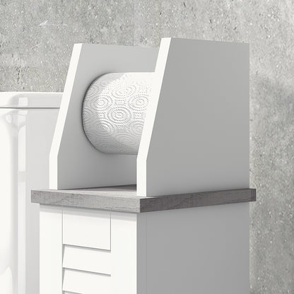 Semike Slim Bathroom Floor Storage Cabinet With Toilet Roll Holder Cupboard And Adjustable Shelving White