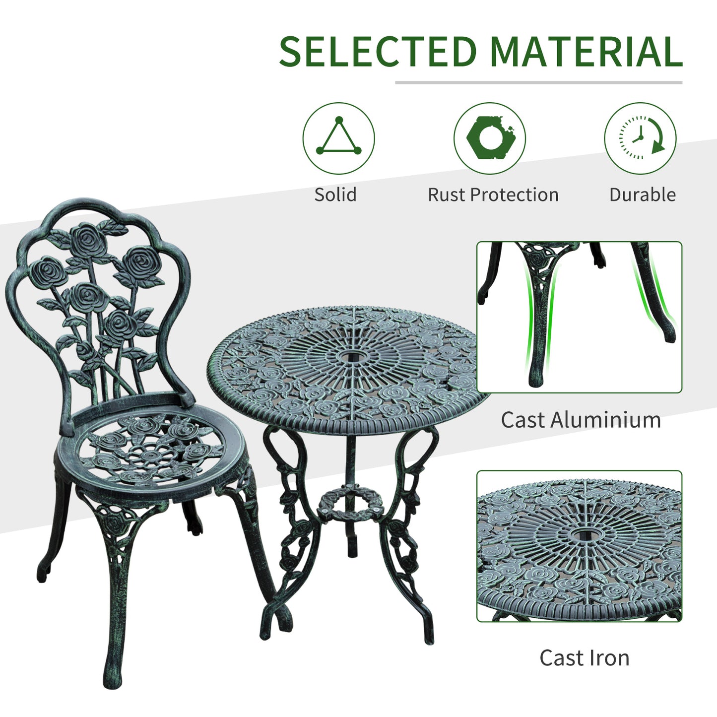 Lafira 3 Piece Cast Aluminium Garden Bistro Table And Chair Set In Green