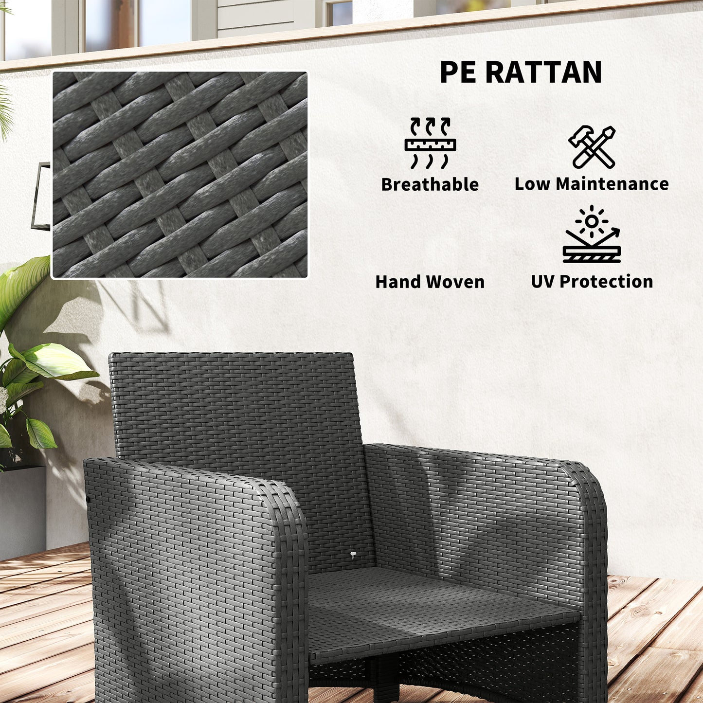 Rora Rattan Grey 5 Piece Garden Bistro Set With 2 Tier Coffee Table And Footstools