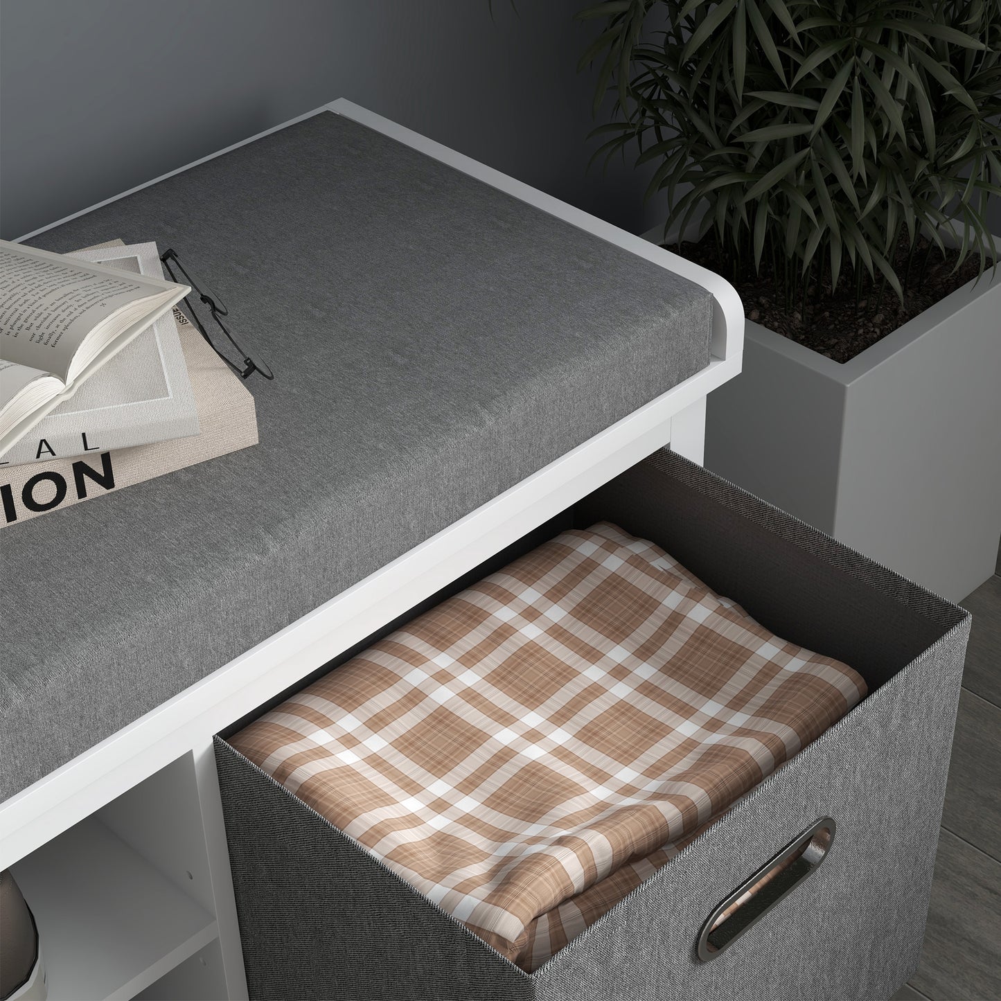 Keso Wooden White And Grey Shoe Storage Bench With Cushioned Seat