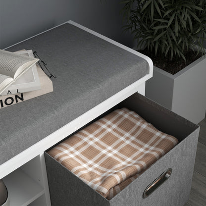 Keso Wooden White And Grey Shoe Storage Bench With Cushioned Seat