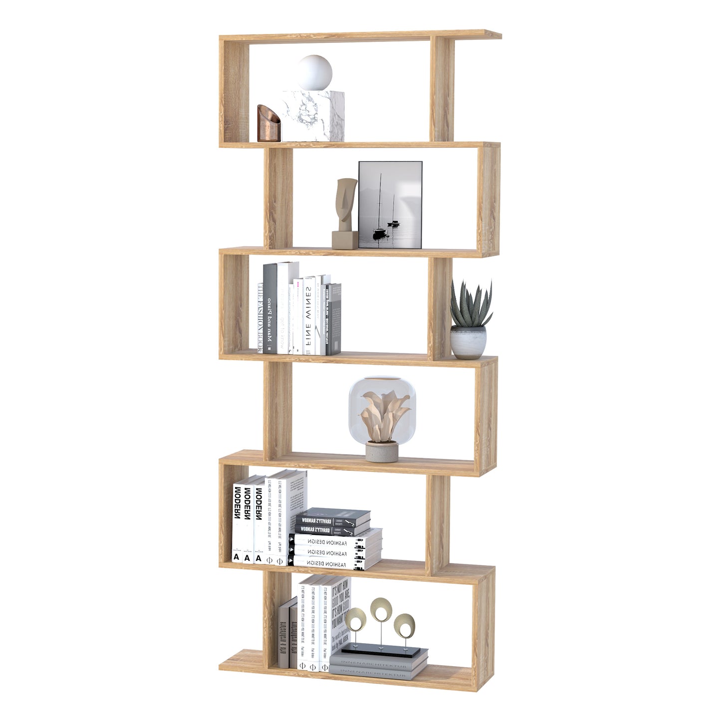 Vicovi Nava Wood Oak Finish 6 Tier S ShaFauxd Display Bookcase