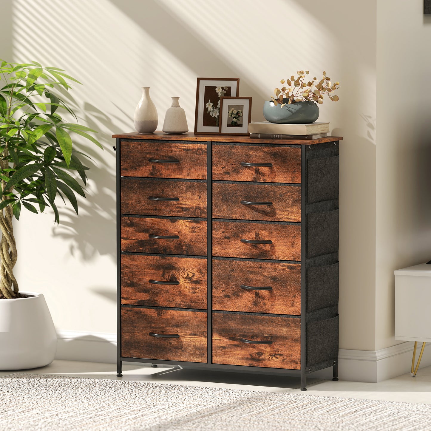 Nalima Fabric And Metal Rustic Brown 10 Drawer Storage Chest