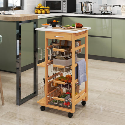 Domo Natural Wood Rolling Kitchen Cart With 4 Basket Drawers And Side Racks
