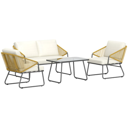 Lupano Natural Rattan Rope White Cushions 4 Seater Outdoor Sofa Set with Square Table