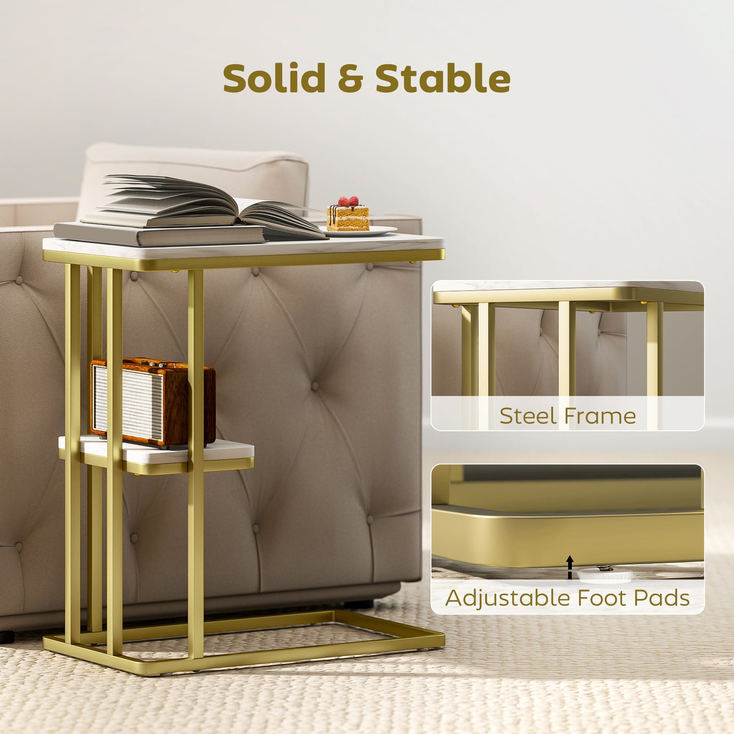 Neso Metal And Wooden White Marble Grain Slim C Shaped Side Table With 2 Tier Storage