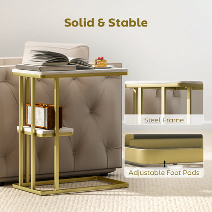 Neso Metal And Wooden White Marble Grain Slim C Shaped Side Table With 2 Tier Storage
