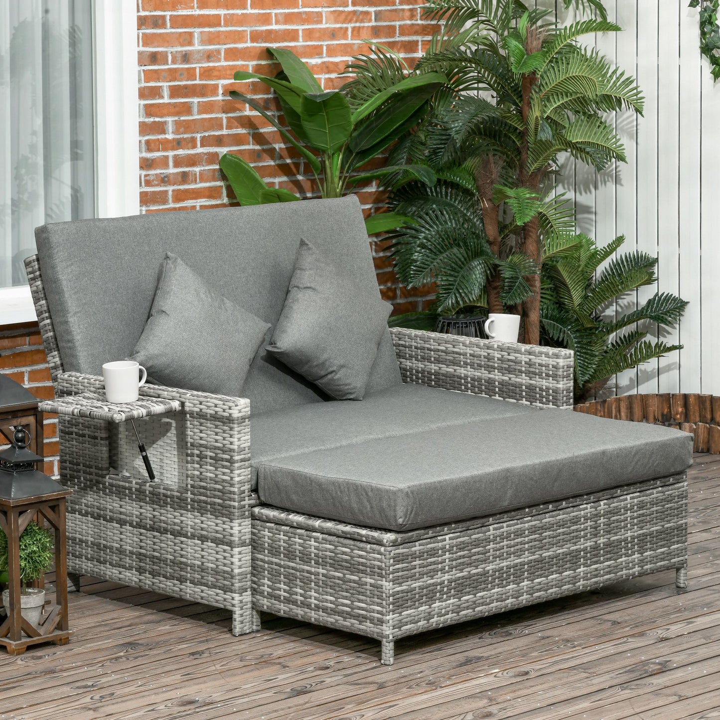 Elco Faux Rattan Mixed Grey Double Outdoor Daybed With Adjustable Back Storage Ottoman Cushions And Trays